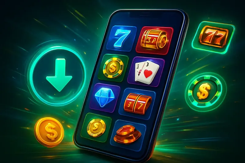 Premium Casino App Glossy smartphone casino app banner with neon download icon and glowing tiles