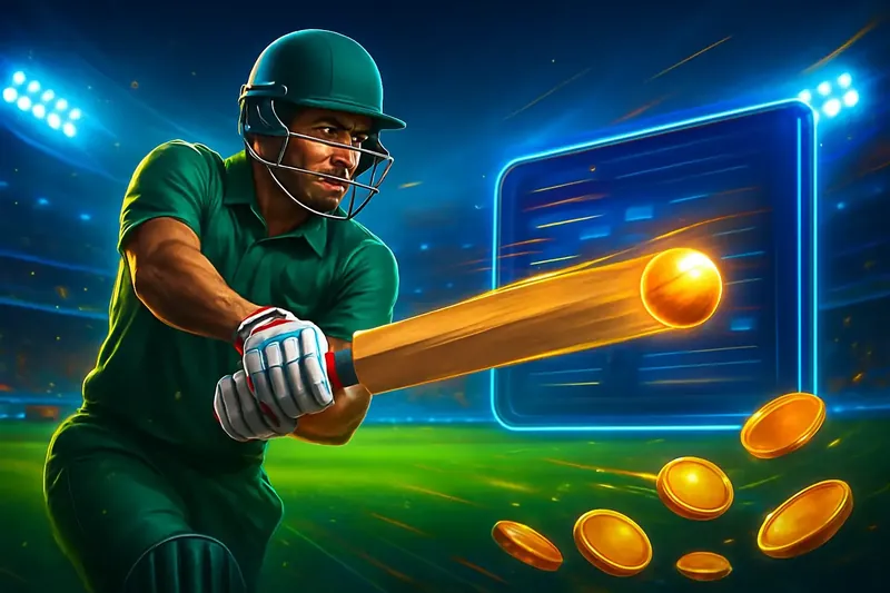 Cricket Sportsbook Action Cricket batter striking ball under stadium lights in dynamic sportsbook banner