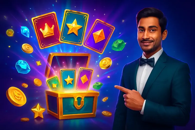 Reward Chest Burst Glowing reward chest with cards, coins, gems, and stars bursting out