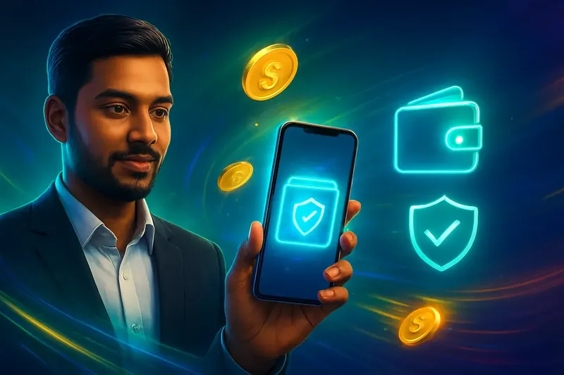 Hand holding smartphone with secure mobile wallet, coins, and speed effects