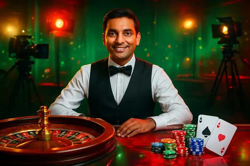 Live Dealer Banner Friendly professional live dealer with roulette, cards, chips, and studio lights