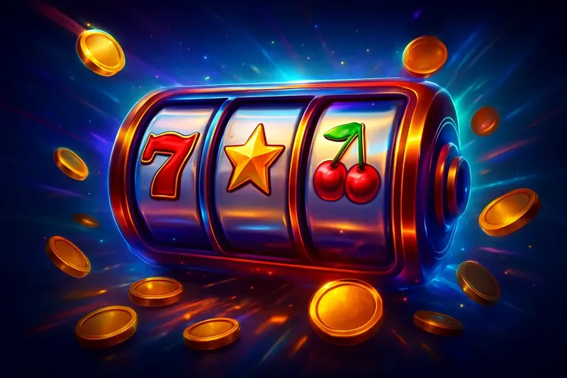 Explosive Slot Banner Colorful spinning slot machine with coins, sparkles, and neon casino glow
